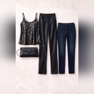 ✨ S Y2K Night Out Capsule | Sequin Top + Leather Pants + Clutch | 4 Pc Set